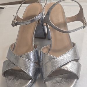 Silver Strappy Block Heel Sandals - Women
